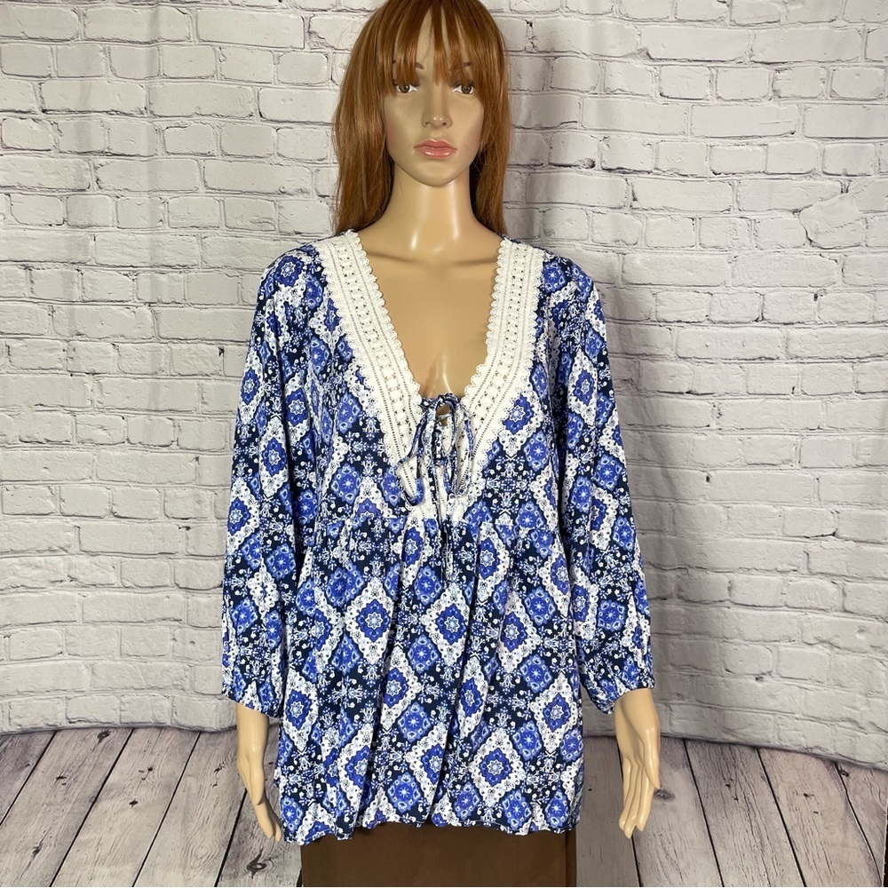 NWT New Suzanne Betro Weekend 3/4 Sleeve V-Neck Crochet Trim Blouse Size 2X